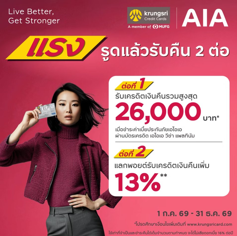 เมื่อชำระเบี้ยประกันภัยเอไอเอ ผ่านบัตรเครดิต เอไอเอ วีซ่า รับเครดิตเงินคืน รวมสูงสุด 26,000 บาท