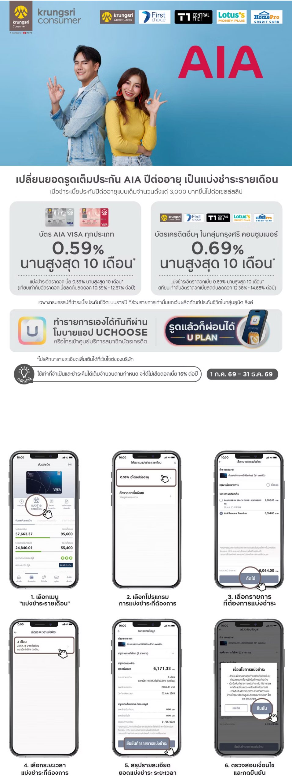 รายละเอียดโปรโมชั่น เปลี่ยนยอดรูดเต็มจำนวนของเบี้ยประกันภัยปีต่ออายุ เป็นแบ่งชำระรายเดือน ผ่านบัตรเครดิต ในเครือกรุงศรี คอนซูมเมอร์