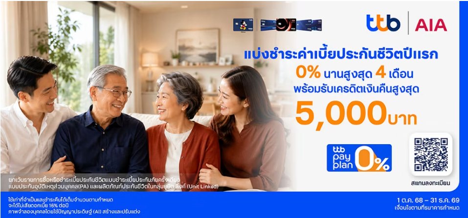 รับสิทธิผ่อนชำระ 0% นาน 4 เดือน สำหรับเบี้ยประกันภัยปีแรก ผ่านบัตรเครดิต ttb